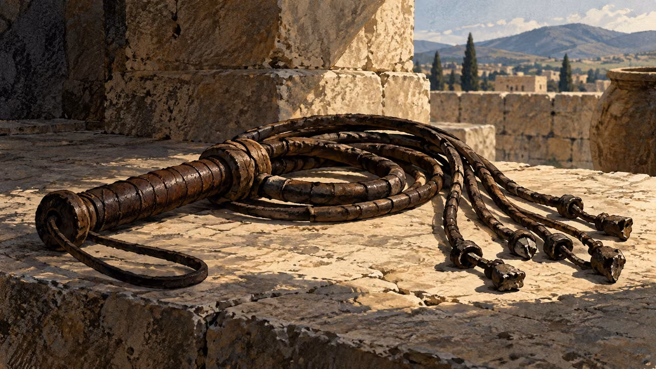 Close symbolic still life of an old leather scourge coiled and set aside on bare limestone, no blood, attacker or victim, solemn side light.
