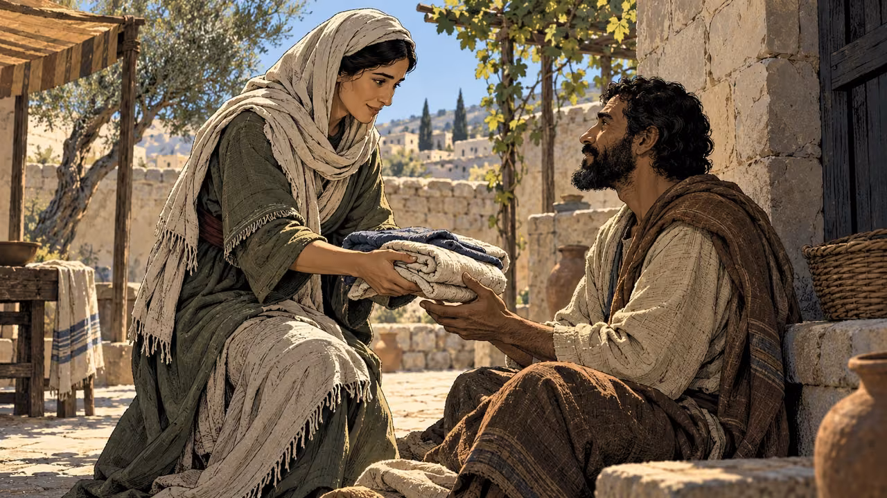 Wide anonymous adult patiently tending another adult’s modest everyday needs, offering clean folded cloth with gentle attention, simple courtyard, no wounds or miracle.