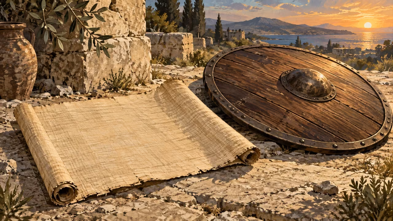 Object study of an unmarked blank papyrus and a plain wooden shield lying flat on the ground, no armed person or battle, warm disciplined lighting.