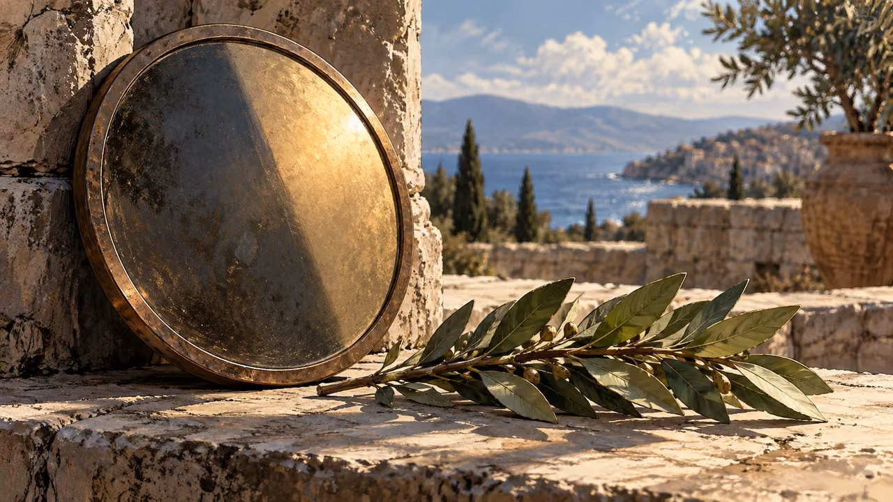 A plain bronze mirror divided by light and shadow rests beside an olive branch on a stone ledge.