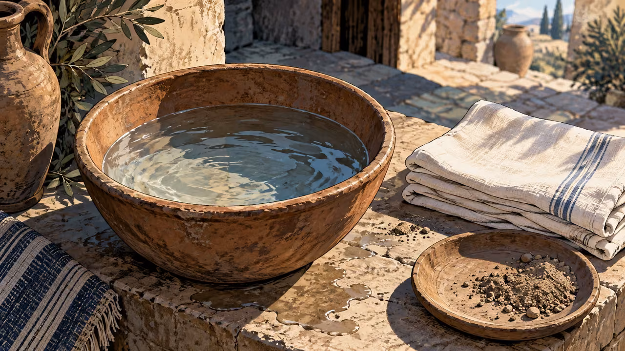High-angle still life of a plain clay washbasin with clear water, clean folded linen and dust set aside on stone, no people or lettering.