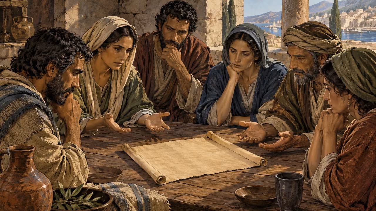 Medium anonymous adults listening with serious attentive faces and open palms around an unmarked letter on a table, no accusation or speech.