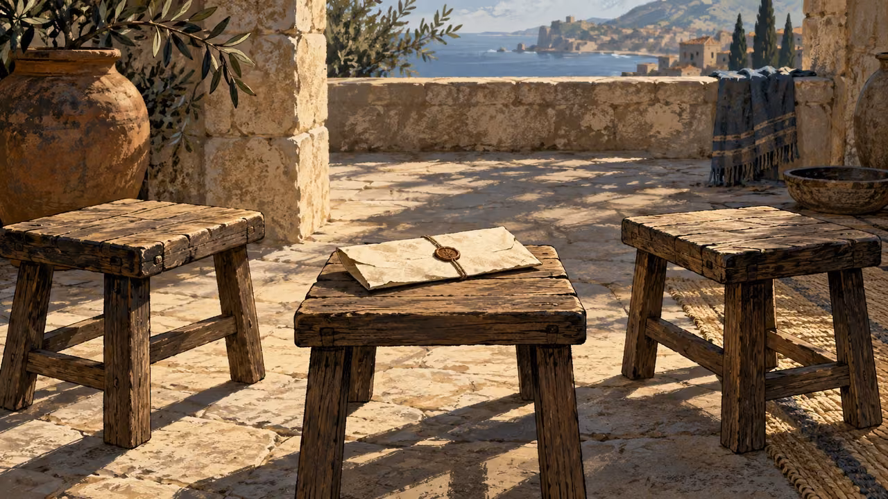 An unmarked tied letter rests on a low stool between two empty facing seats.