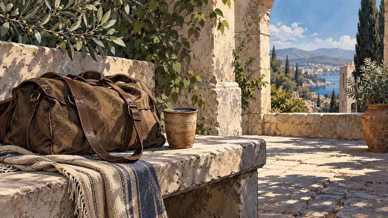 Wide ancient shaded resting place with a travel bag set down beside a cup of fresh water and cool greenery, no people or writing.