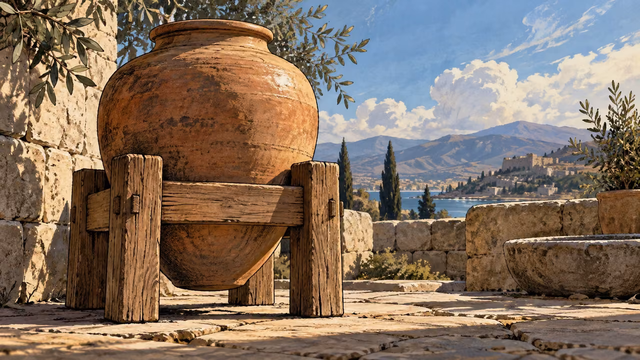 Low oblique still life of a sound plain wooden support holding a clay vessel securely, natural light, no inscriptions or figures.
