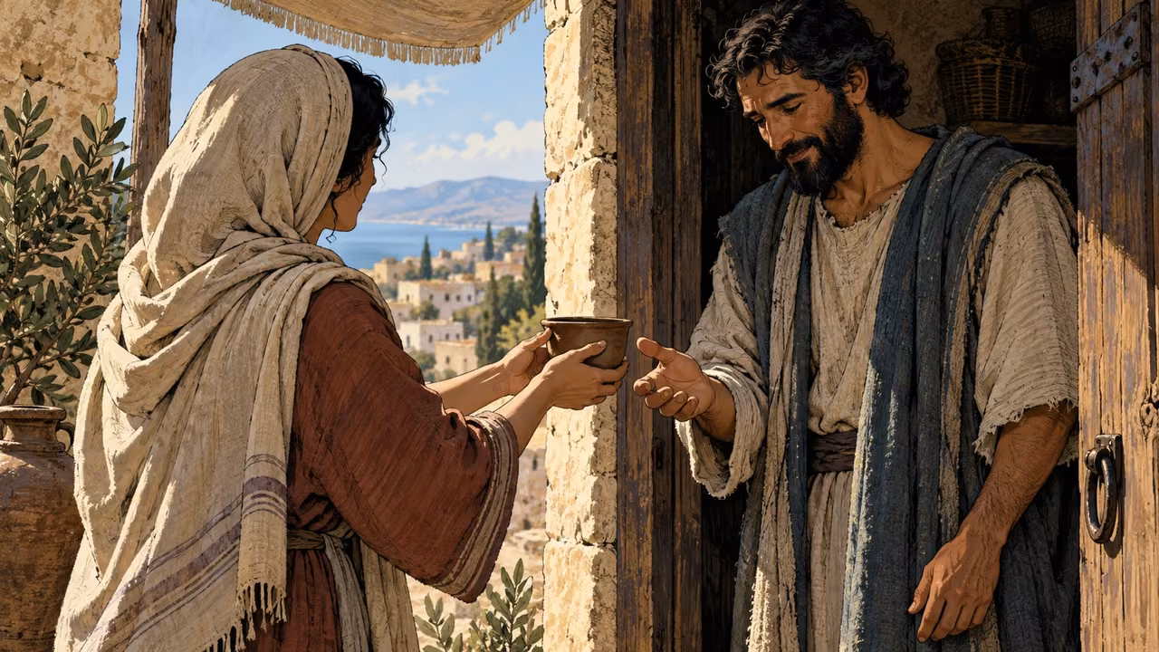 Intimate anonymous adult pair at an open doorway offering a modest cup with restrained respectful gestures, natural hands, no speech or named identities.