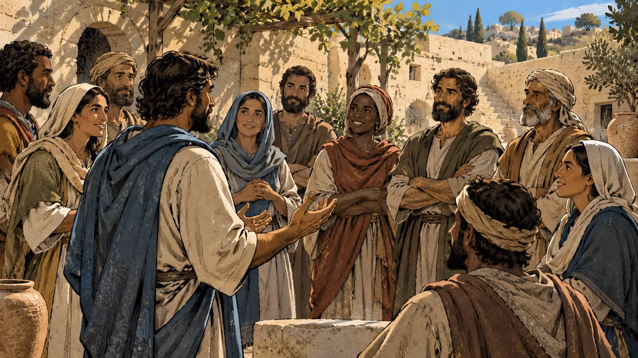 Wide sunlit communal courtyard with anonymous adults standing together in calm agreement, varied dignified faces, no raised weapons or lettering.