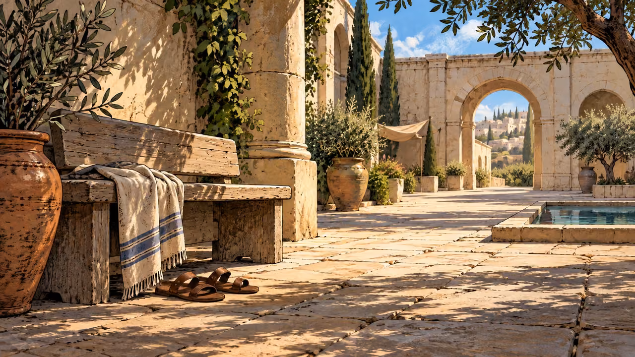 Wide ancient courtyard with an empty bench moved into an open welcoming space, spare sandals beside it, no people or writing.