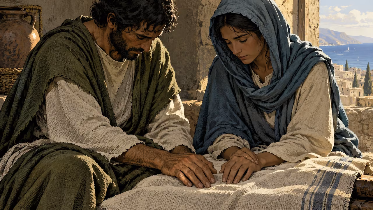 Two anonymous adults rest natural hands side by side on plain shared linen.