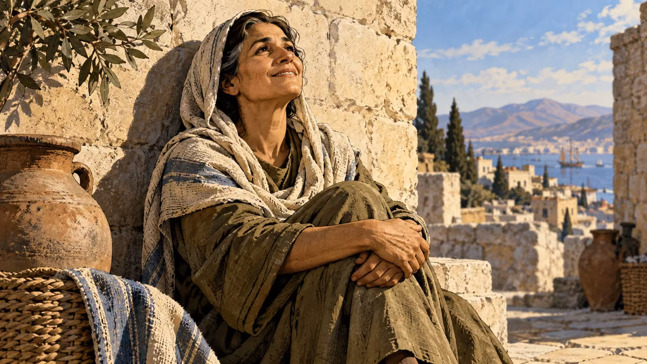 Medium anonymous mature woman with a quietly joyful face seated against a weathered limestone wall, no speech, ordinary strong side light.