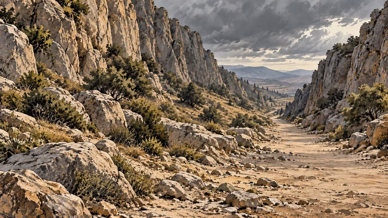Wide empty rough ancient road squeezed between high rocky ridges beneath an unsettled gray sky, no soldiers, violence or writing.