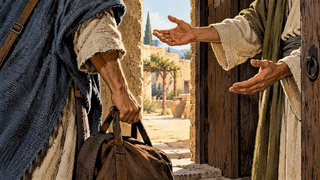 Anonymous adult hands offer welcome to a traveler holding a plain satchel at an open doorway.