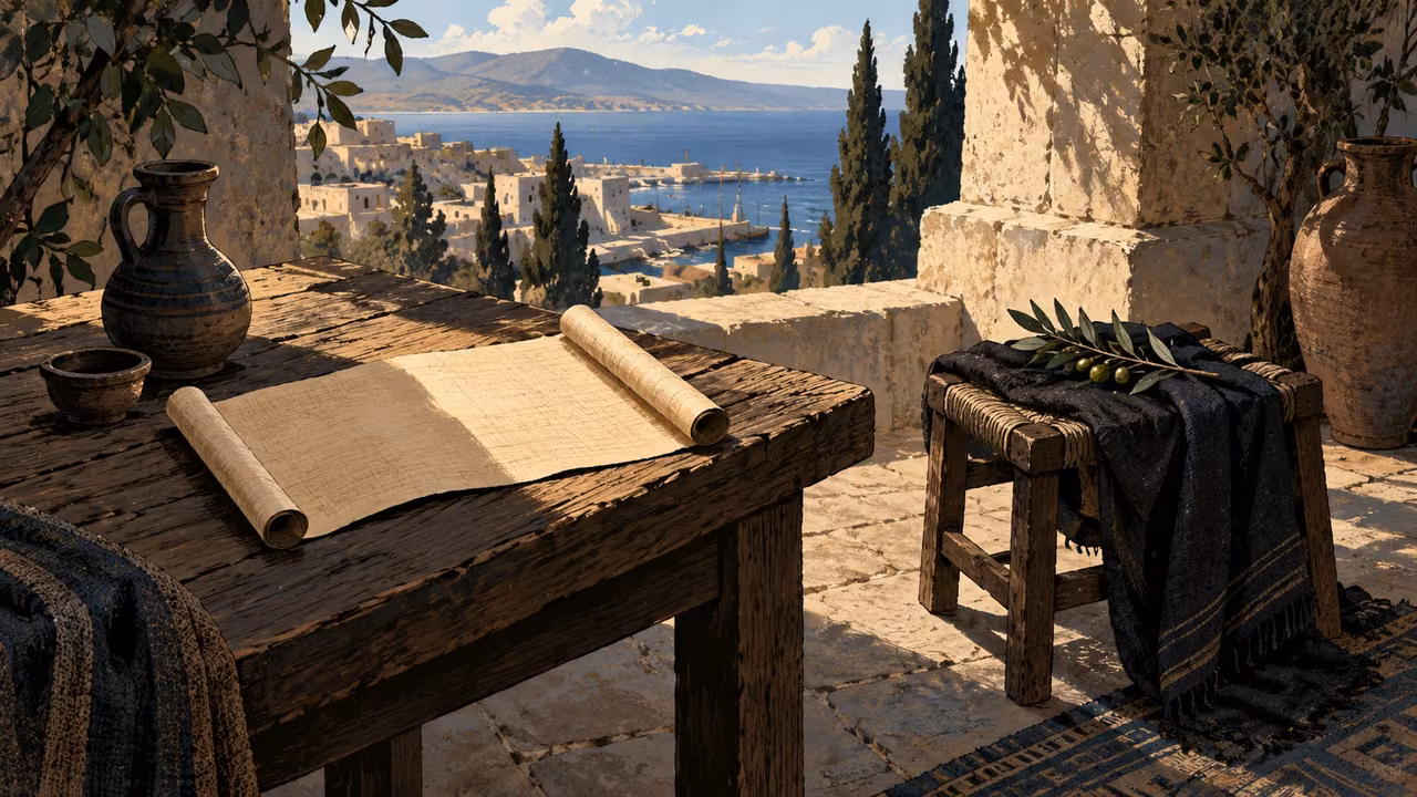 High oblique view of a blank opened papyrus beside an empty stool with a folded mourning cloth and fresh olive branch, no figures or text.