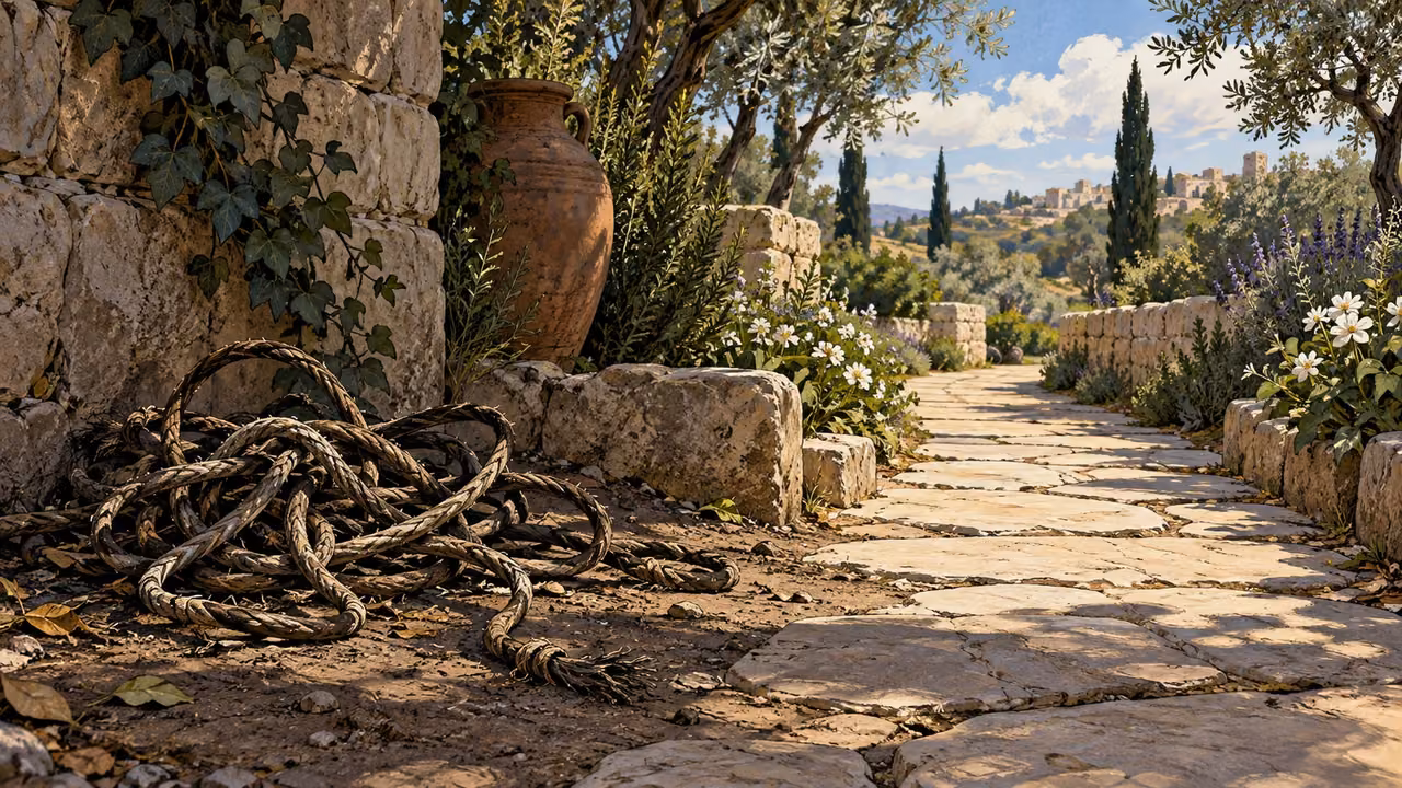 Wide symbolic still life of a discarded tangled cord beside a newly straightened path through a modest garden, no people or signs.