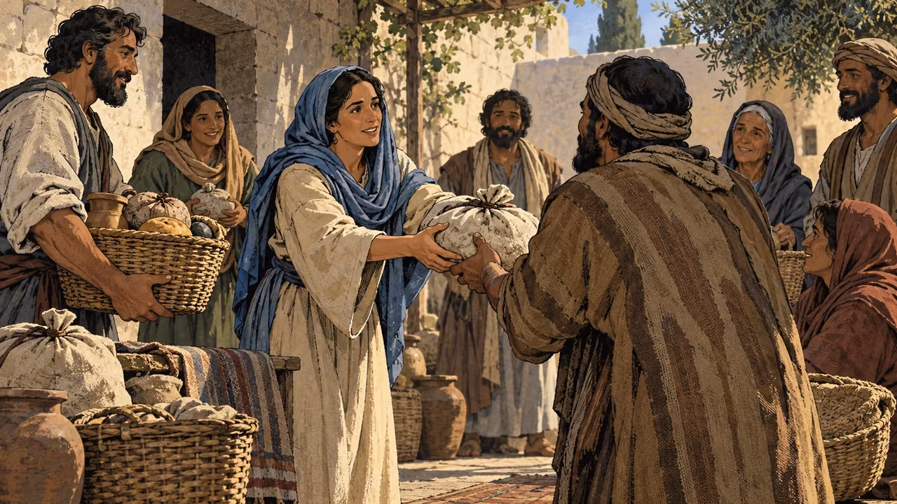 Wide anonymous adults meeting peacefully in a modest inland courtyard, varied ordinary clothes, no identified city, apostles or divine figure.