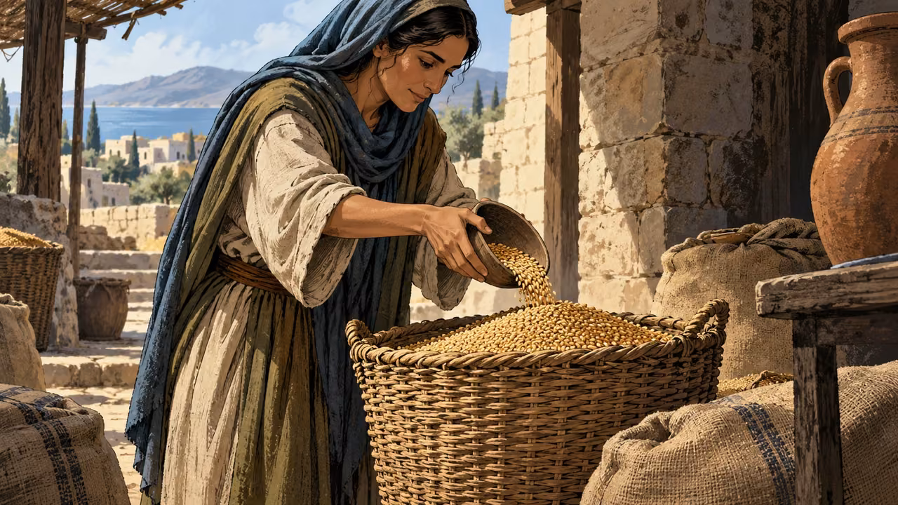 Anonymous adult completing a modest grain basket by adding one final small scoop, side view natural hands, no words.