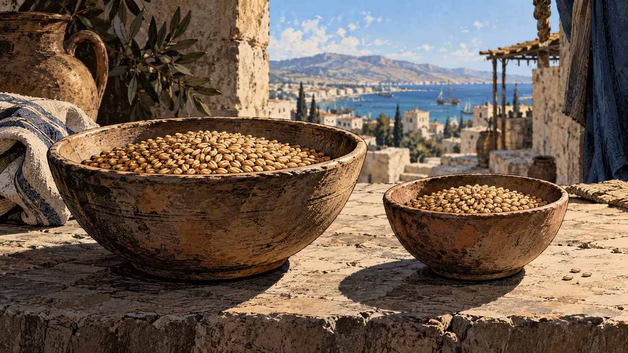 Overhead two different-sized bowls each filled only to their natural capacity with grain, plain ancient ceramics, no labels or figures.