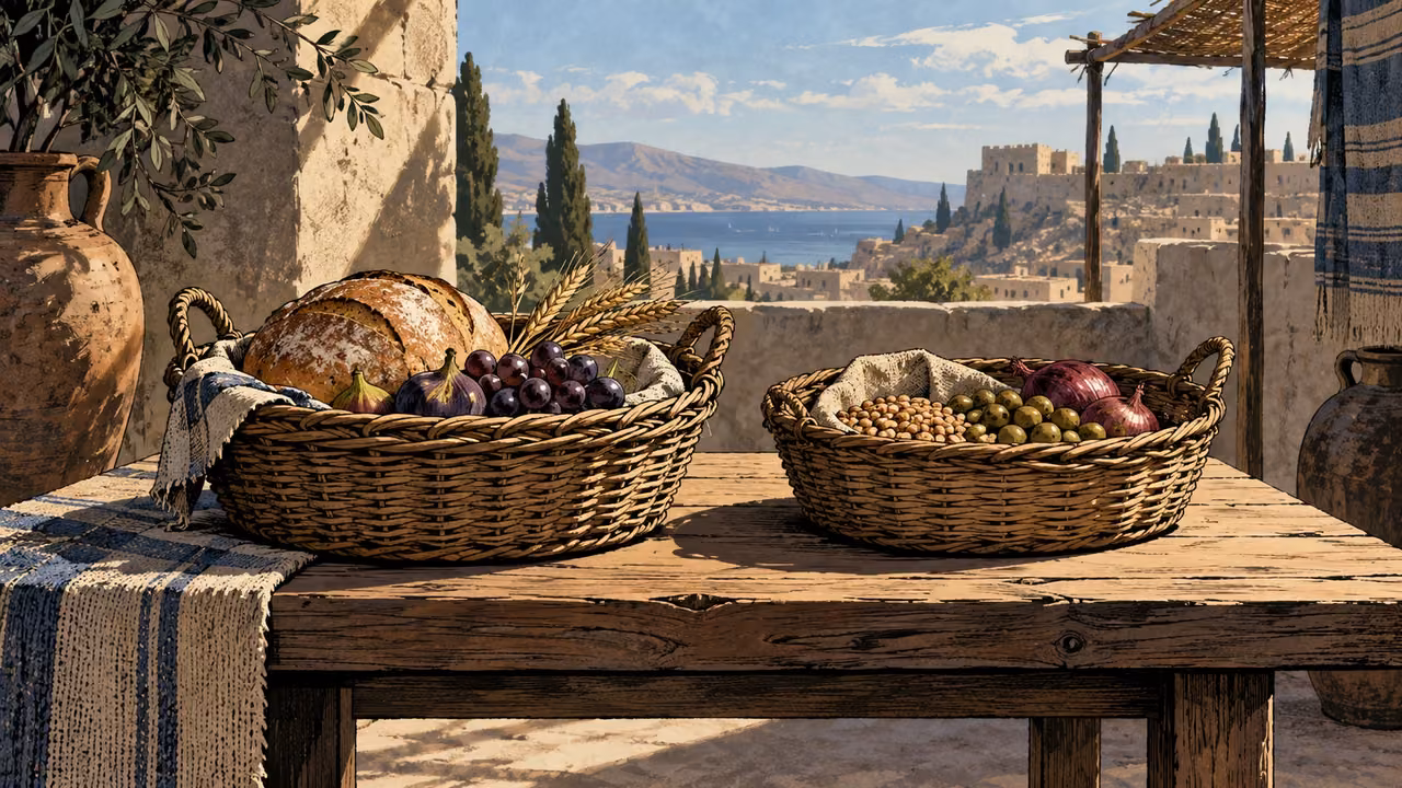 Wide balanced still life of two provision baskets on a plain table, neither overflowing nor empty, no people or scales.