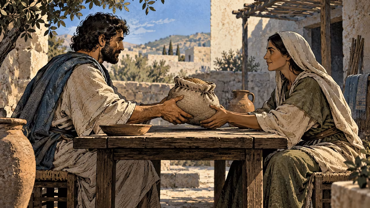Two anonymous adults passing a modest grain sack across a shared courtyard table, equal seated height, no luxury or labels.