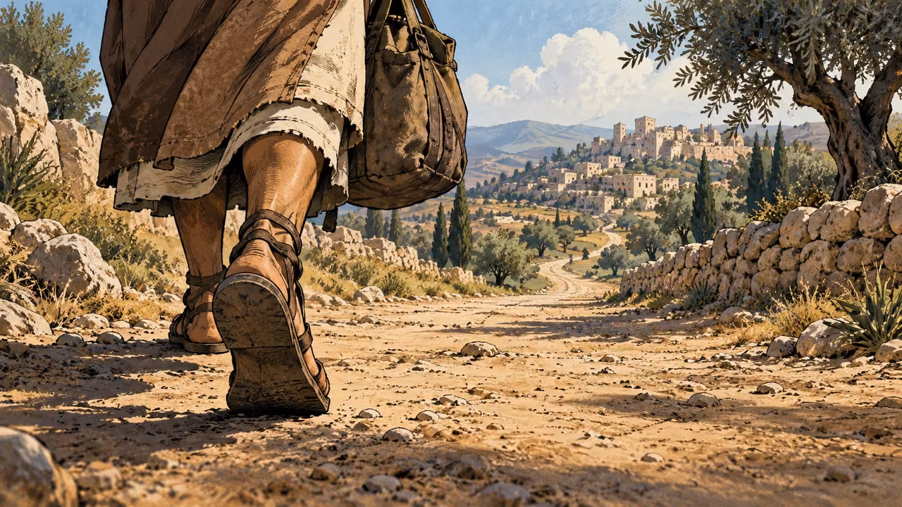 Low view of anonymous sandaled feet beginning an ordinary inland road with a plain travel bag, no named traveler or inscription.