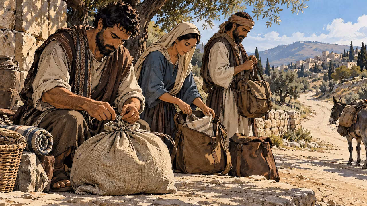 Wide anonymous adult travelers preparing a modest tied provision sack and plain satchels beside an ancient road, no logos or writing.