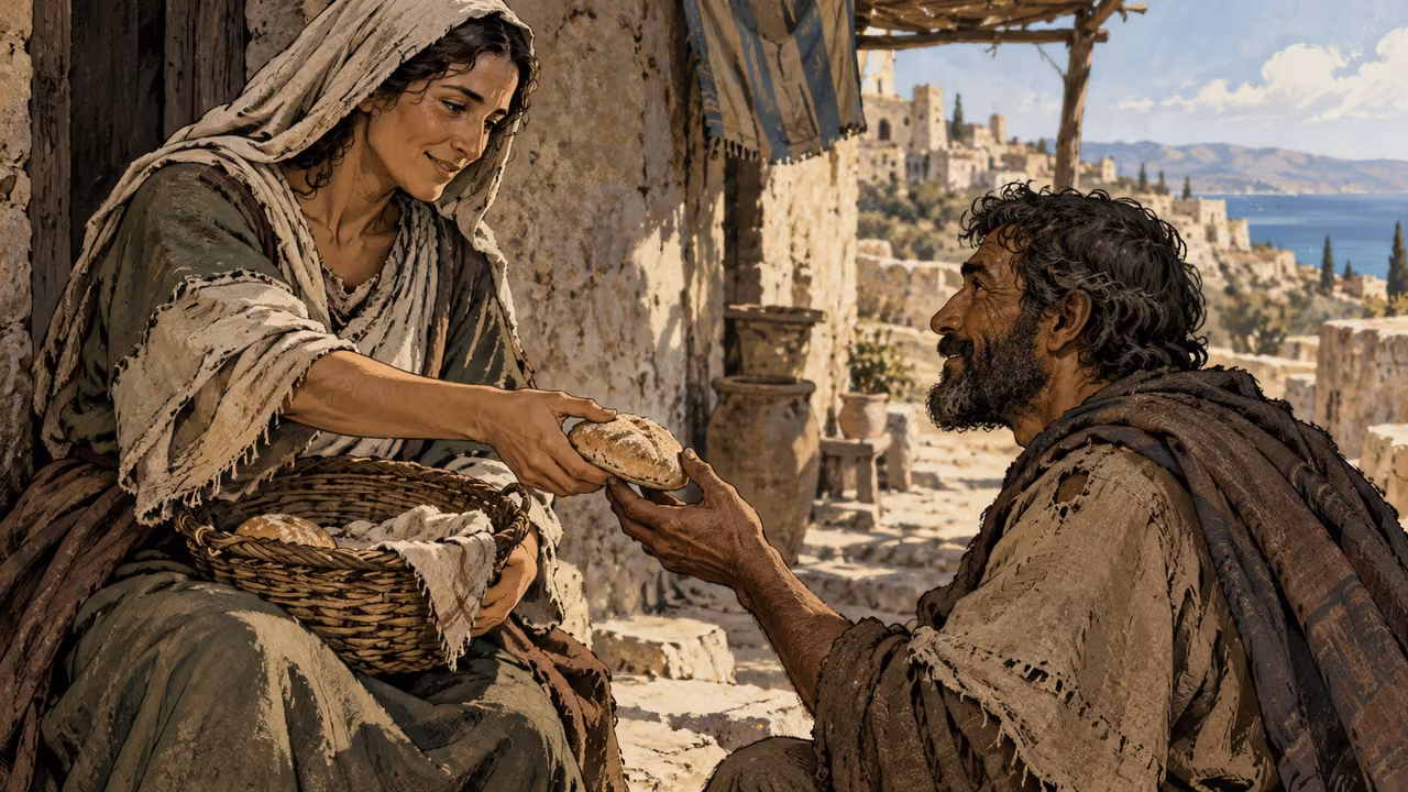 Intimate anonymous adult with worn tunic sharing a small loaf from a sparse basket with another adult, quiet smiles, natural hands.