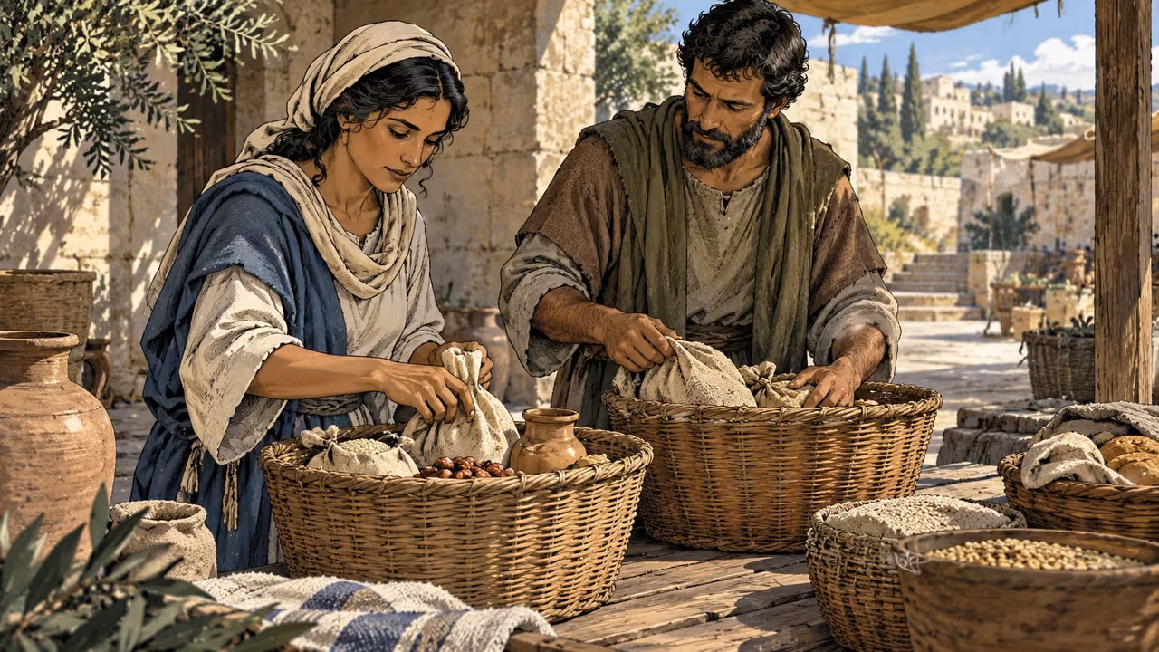 Two anonymous adults checking plain provision baskets together at an open courtyard table in daylight, no writing or divine figure.