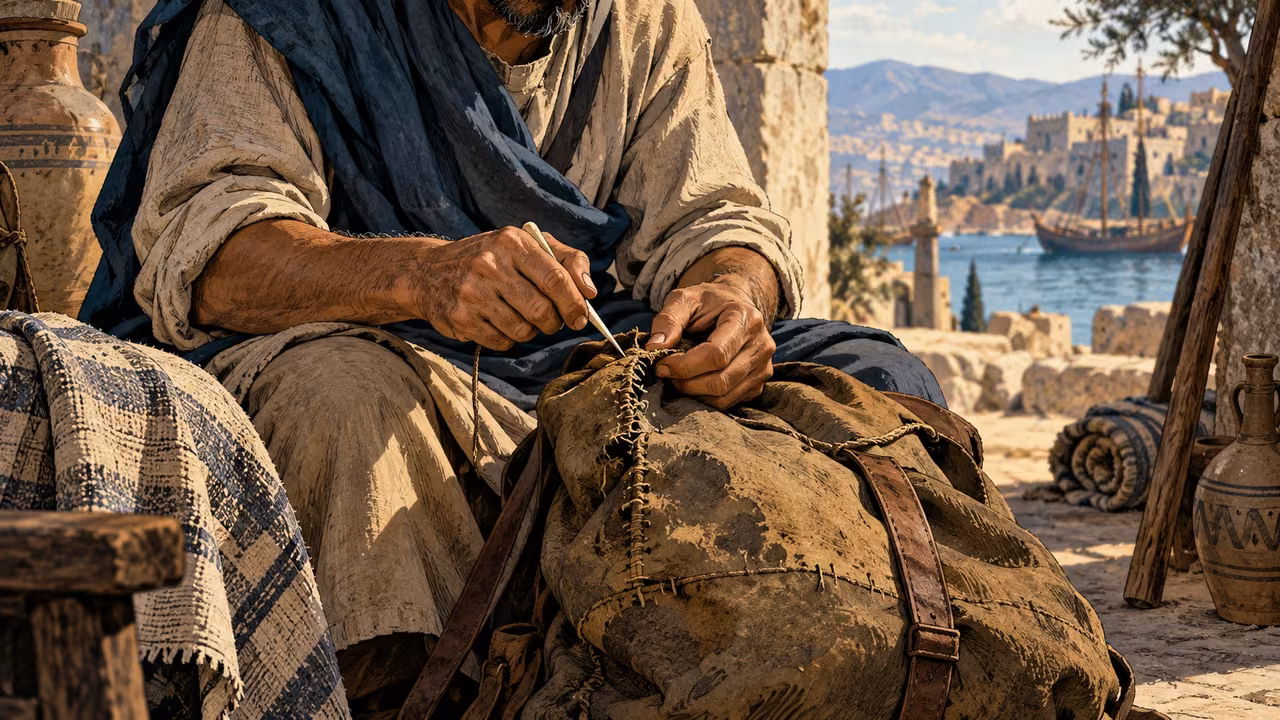 Intimate anonymous adult repairing a worn travel-sack seam with a simple bone needle, natural hands, no modern sewing tools.