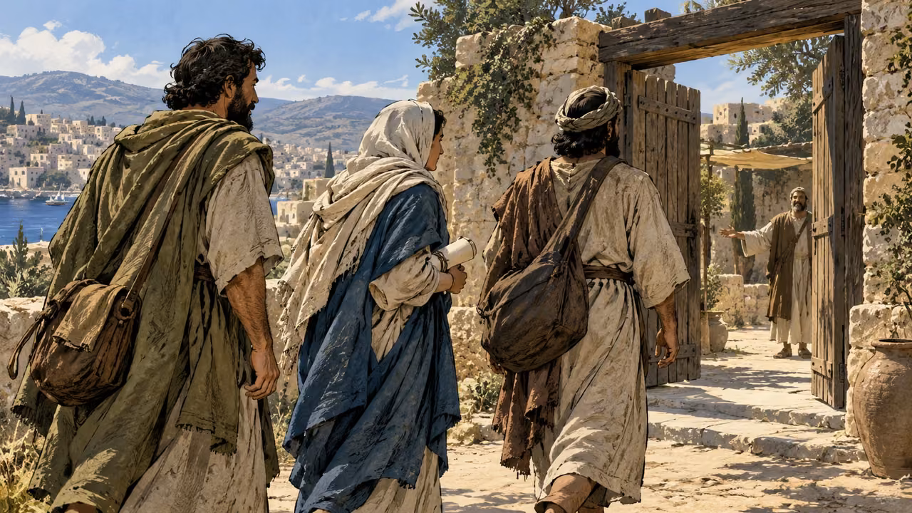 Wide three anonymous adults walking together toward a modest open gate, plain travel clothes and papyrus roll tied with linen cord.