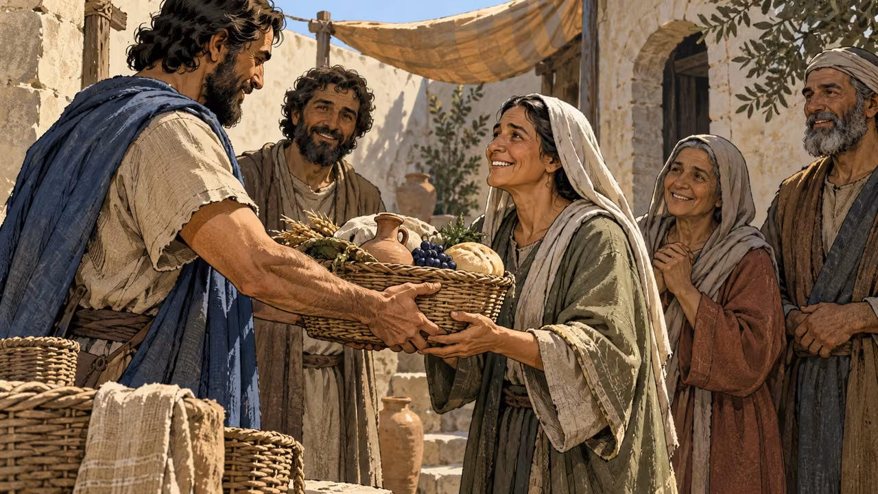 Medium anonymous adults warmly receiving a modest provision basket together in a plain courtyard, natural hand grips and faces.