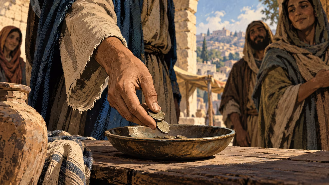 Close anonymous hands voluntarily placing a modest handful of ordinary ancient coins in a shallow dish, no collector taking them, no readable inscriptions.