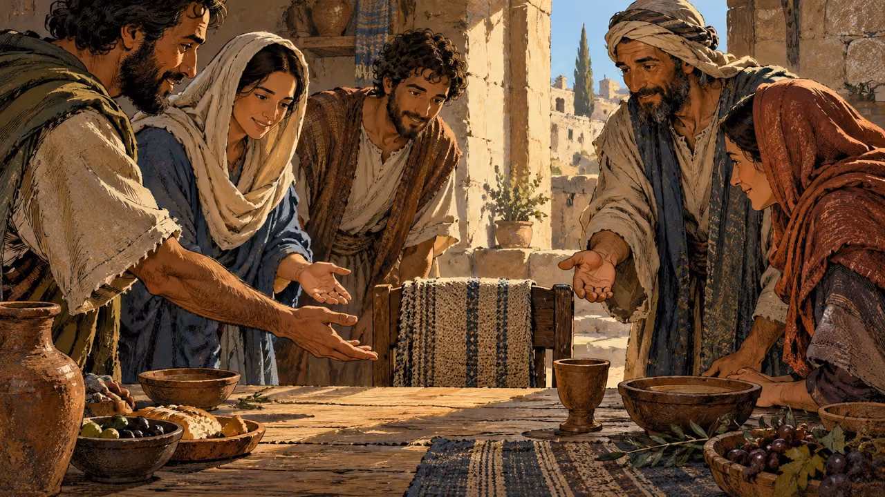 Medium anonymous adults leaning attentively toward an open empty place at a worktable, gentle open palms, no speech or text.