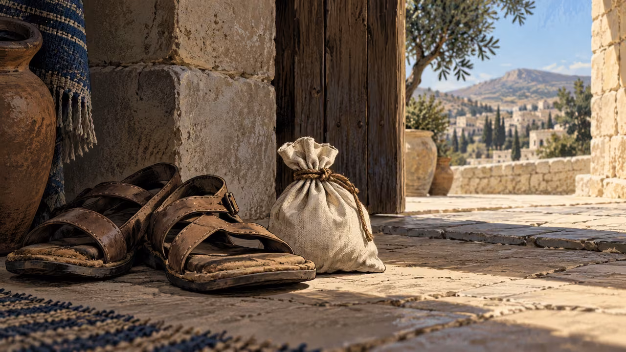 Low still life of plain travel sandals placed beside a small tied gift pouch at an open threshold, no people.