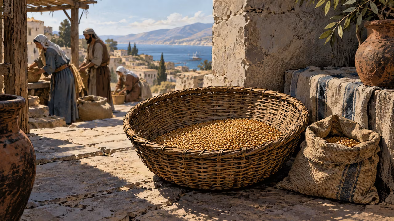 Overhead half-filled shallow wicker basket of grain with a small remaining grain sack nearby, no hands or lettering.