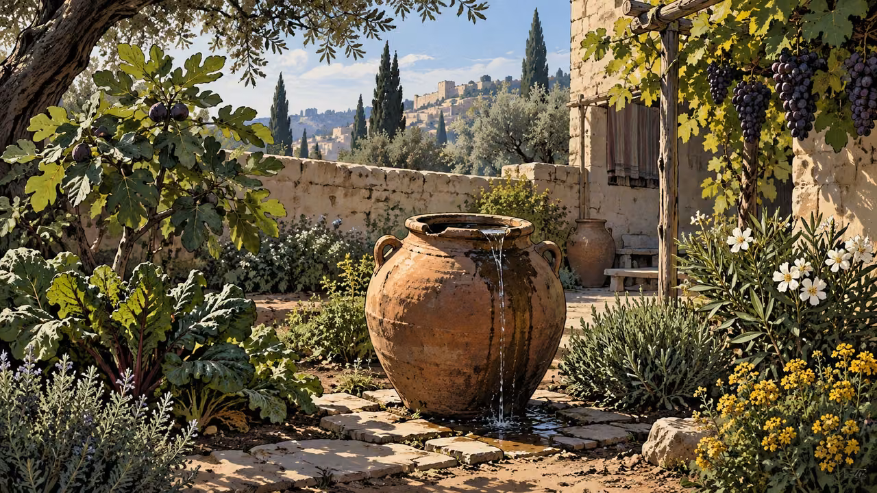 Wide modest garden with several healthy distinct plants around a shared clay watering vessel, natural daylight, no figures.