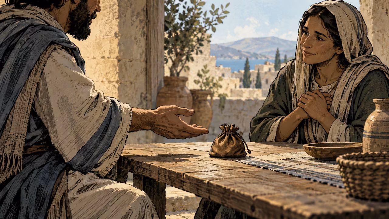 Intimate anonymous adult offering an open hand toward a small gift pouch resting freely on a table, recipient seated at equal eye level, no restraint.