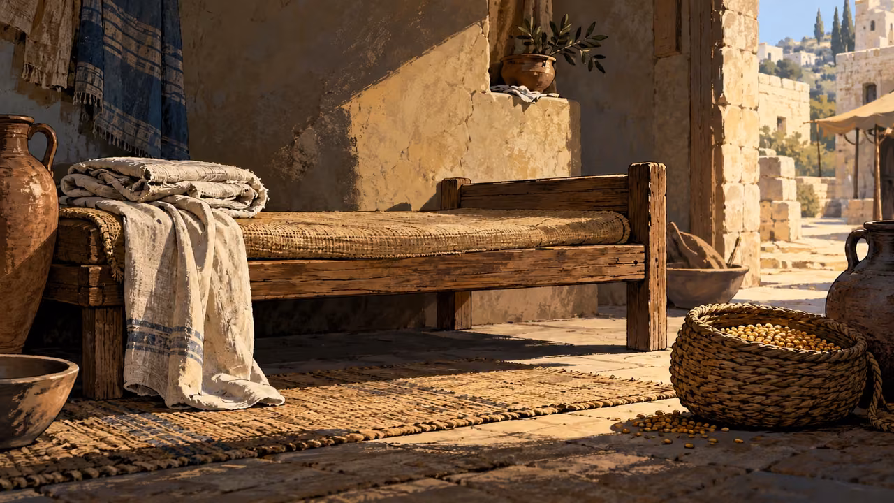 Object-only still life of an empty plain wooden couch beside folded rough linen, contrasted with a small open grain basket, no cross body or divine figure.