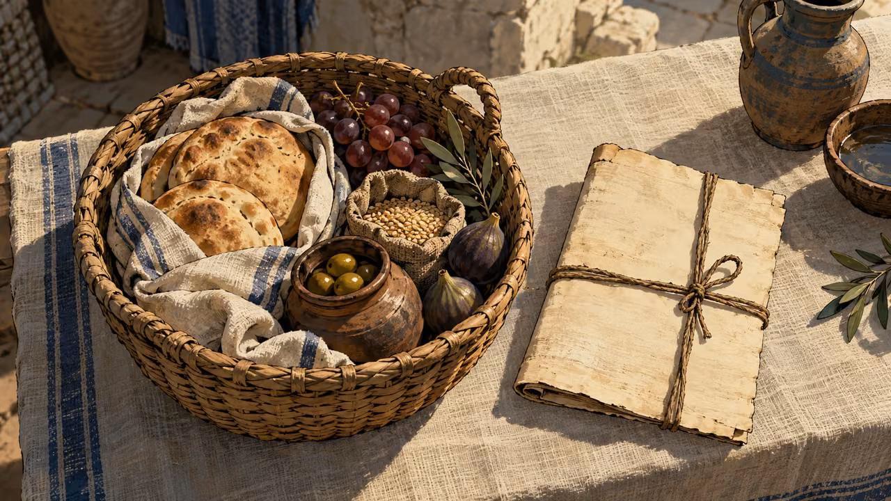 Overhead modest prepared provision basket beside a blank cord-tied papyrus on plain linen, no figures or lettering.