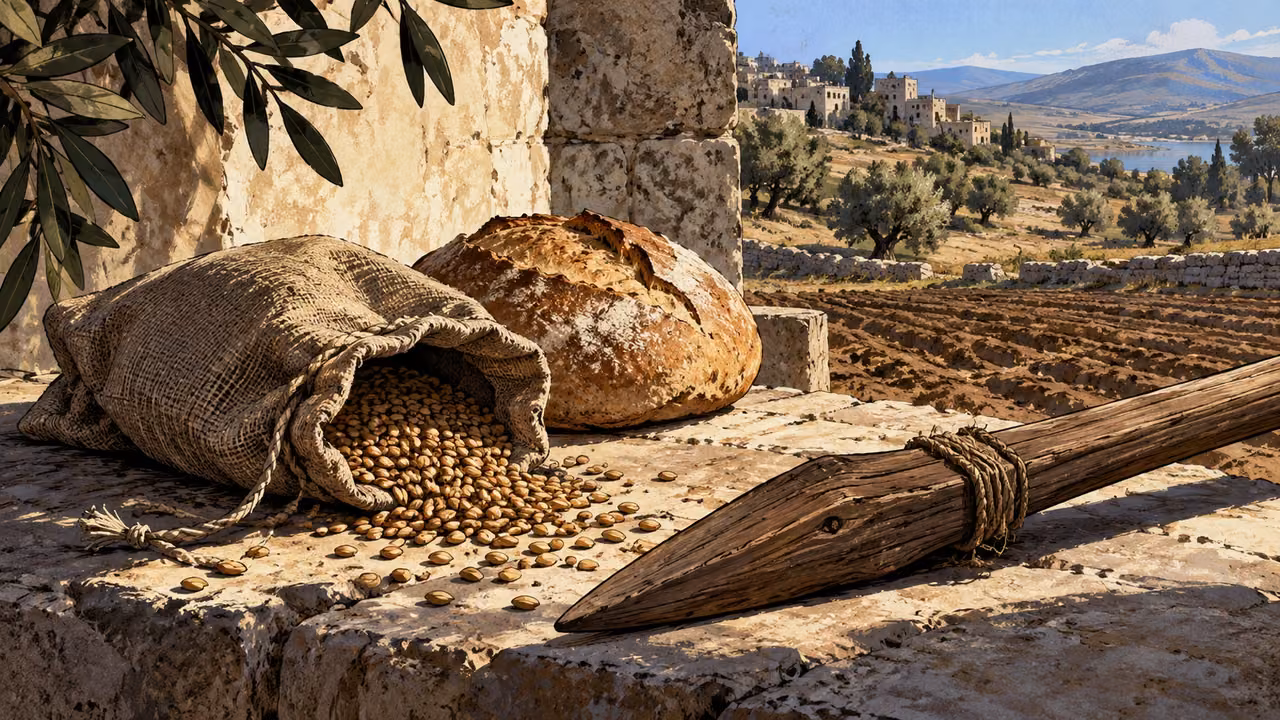 Overhead plain seed pouch beside a modest loaf and an ordinary wooden sowing tool, no humans or miraculous increase.