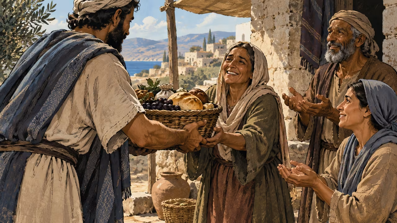 Medium anonymous adults receiving a modest provision basket with grateful faces and resting open palms, no named assembly.