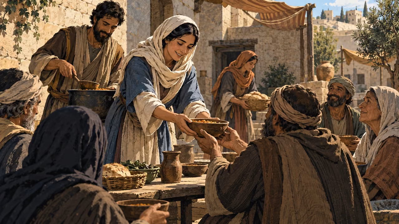 Wide anonymous adults serving a simple meal in a modest courtyard, others peacefully seated with grateful expressions.