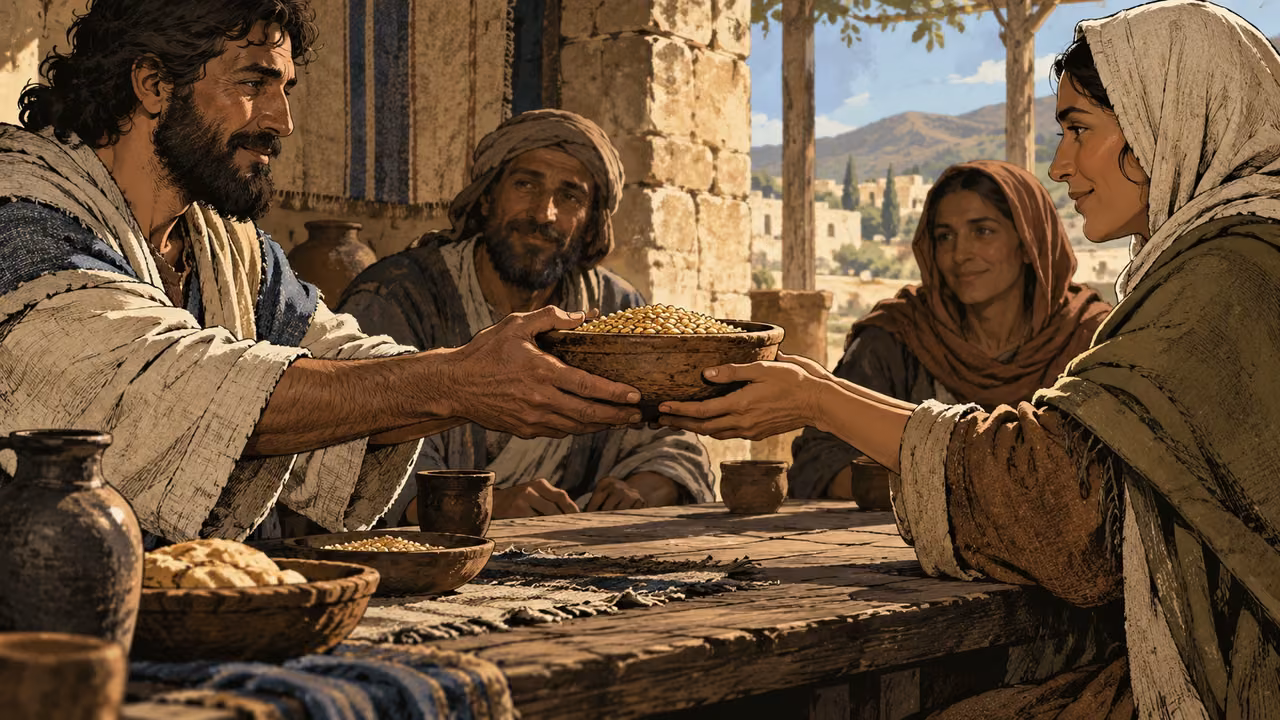 Close anonymous adults passing a simple clay bowl of grain across a table, equal eye level, no ritual or words.