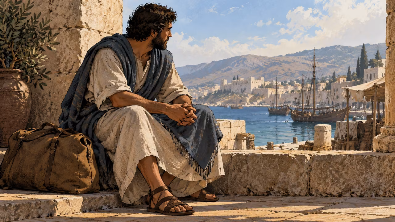 Intimate anonymous adult sitting thoughtfully with naturally clasped hands beside a plain travel bag, no halo or divine figure.