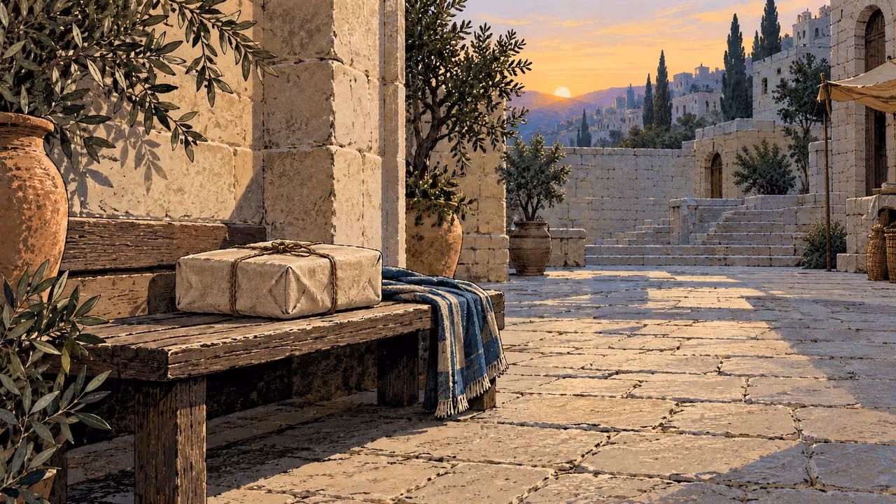 Wide empty stone courtyard at soft dawn, a plain modest wrapped linen gift resting on an open bench, no divine light or figures.