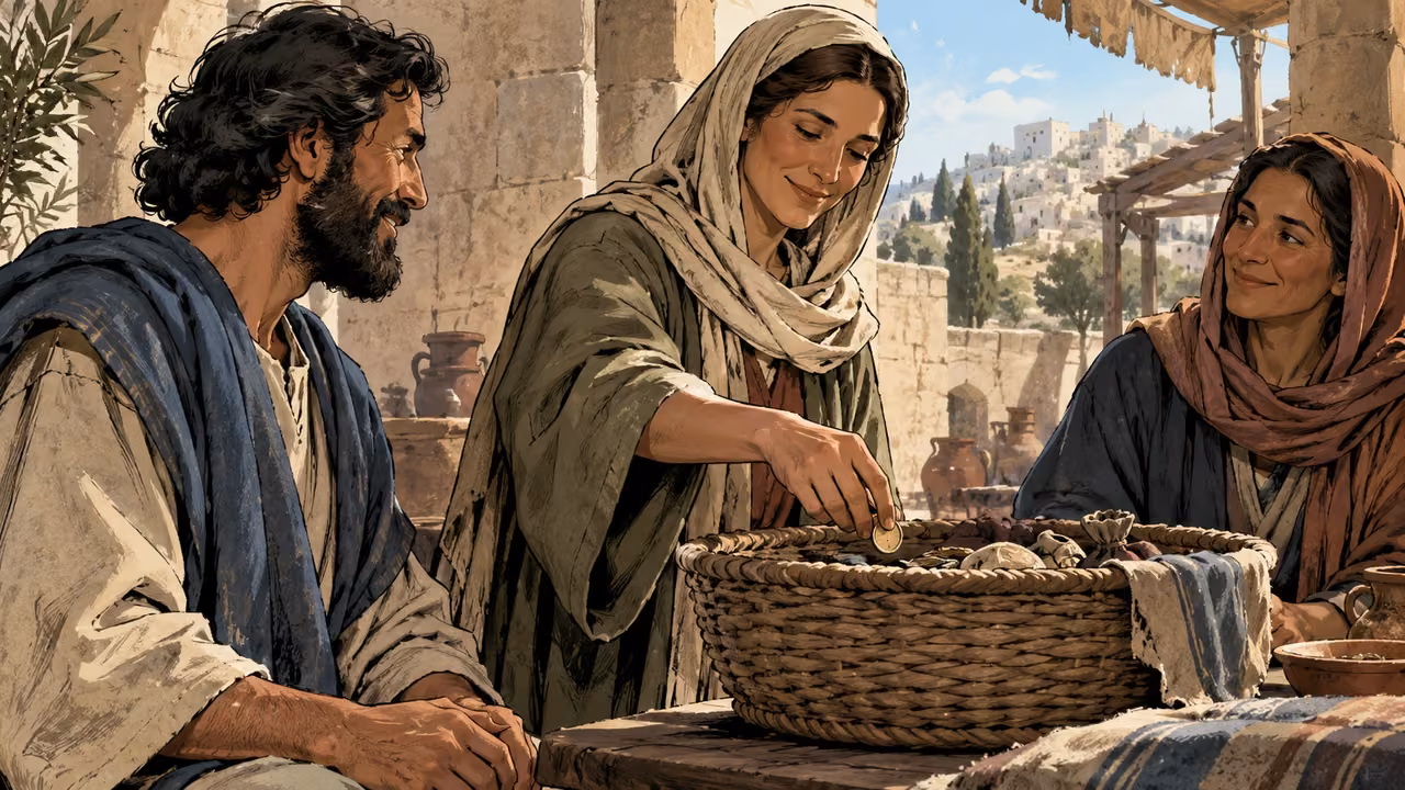 Medium anonymous adult beginning to fill a provision basket while two nearby adults respond with attentive smiles, no speech.