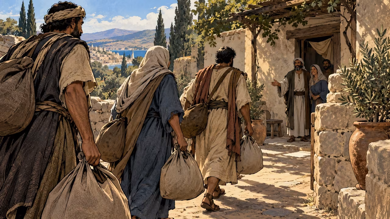 Wide anonymous travelers carrying plain bags toward a modest house courtyard, no named identities or insignia.