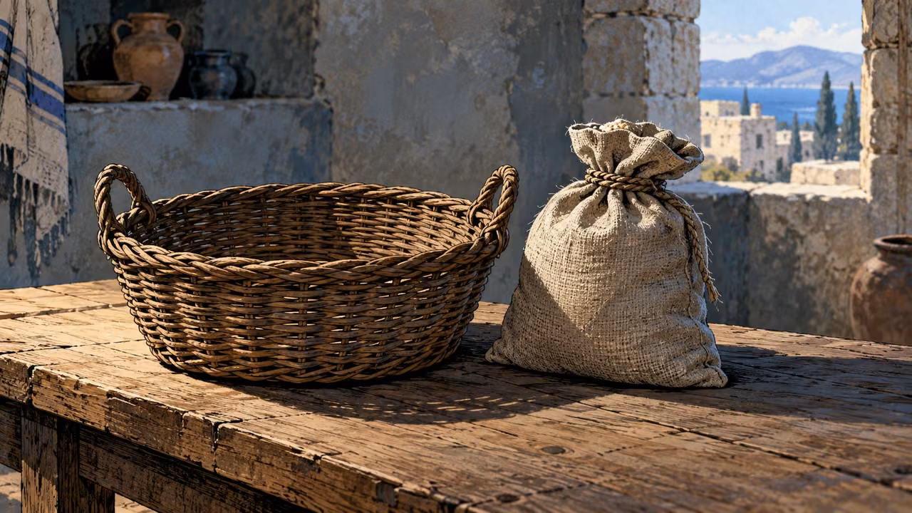 An empty wicker basket sits beside a small grain sack on a bare table.