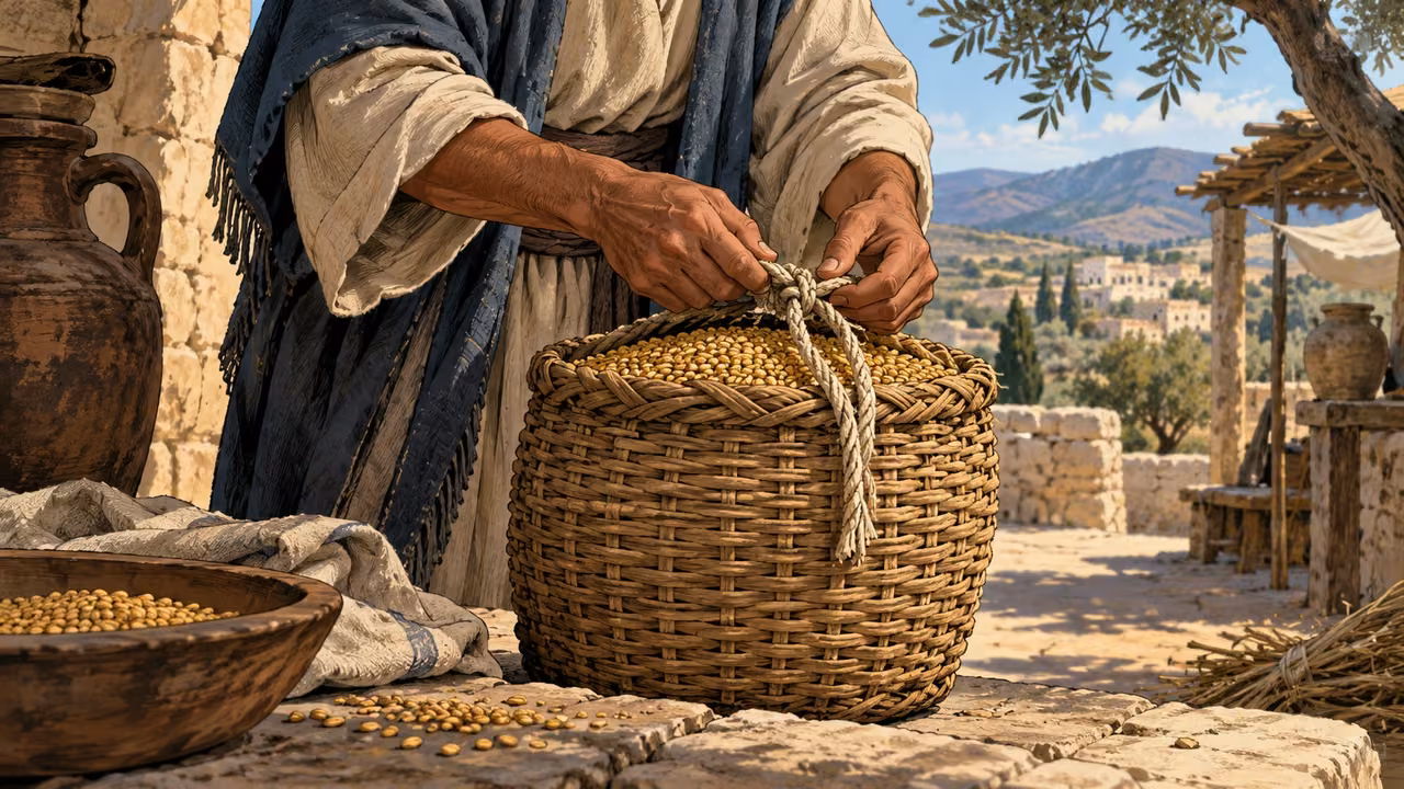 Anonymous adult freely tying linen cord around a completed modest grain basket, natural hands, no collector or weapon.