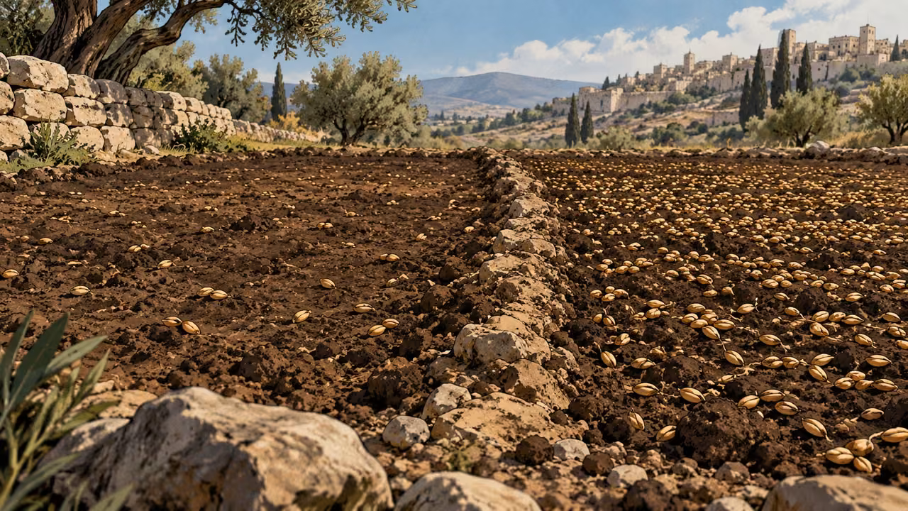 Low object-only view of two separate patches of ordinary cultivated earth, one lightly scattered with seed and one more fully seeded, no crops growing instantly or people.