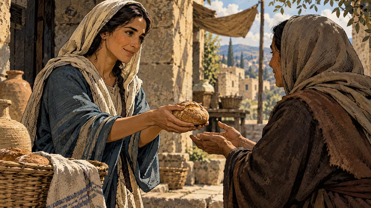 Intimate anonymous woman willingly offering a small loaf with quiet smile to another adult, equal eye level, natural hands.
